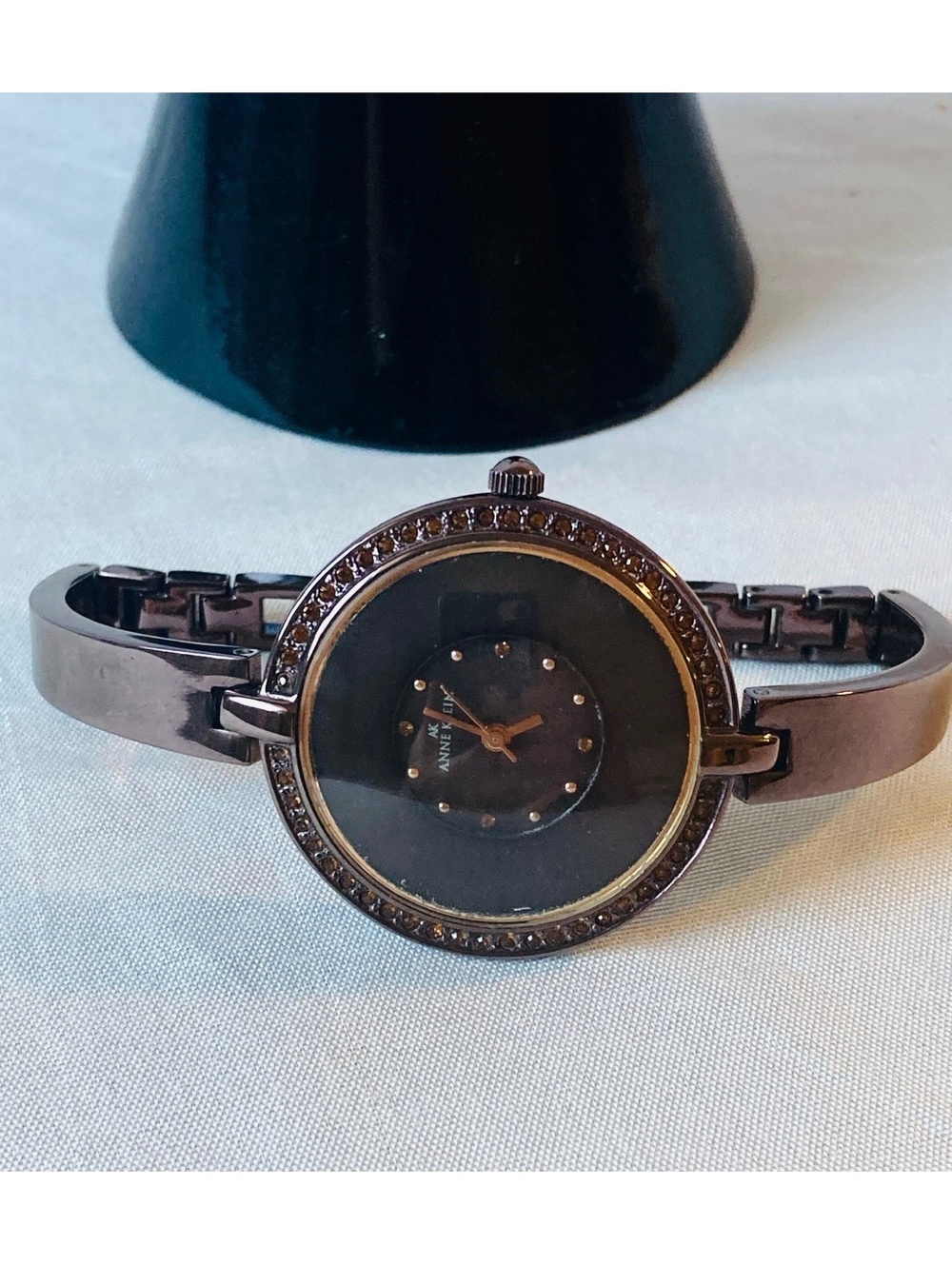 Anne Klein AK-1384 Gunmetal Crystal Bezel Bangle Bracelet Watch New Battery